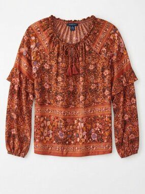 ✨️ American Eagle Outfitters Rust Floral Tassel Peasant Blouse